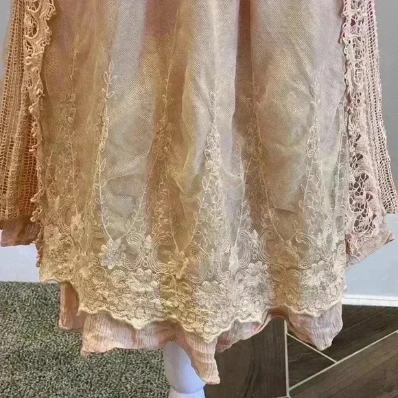 RYU Women's Boho Flowy Mini dress Tan crochet top with lace detailing fairycore - Picture 10 of 13